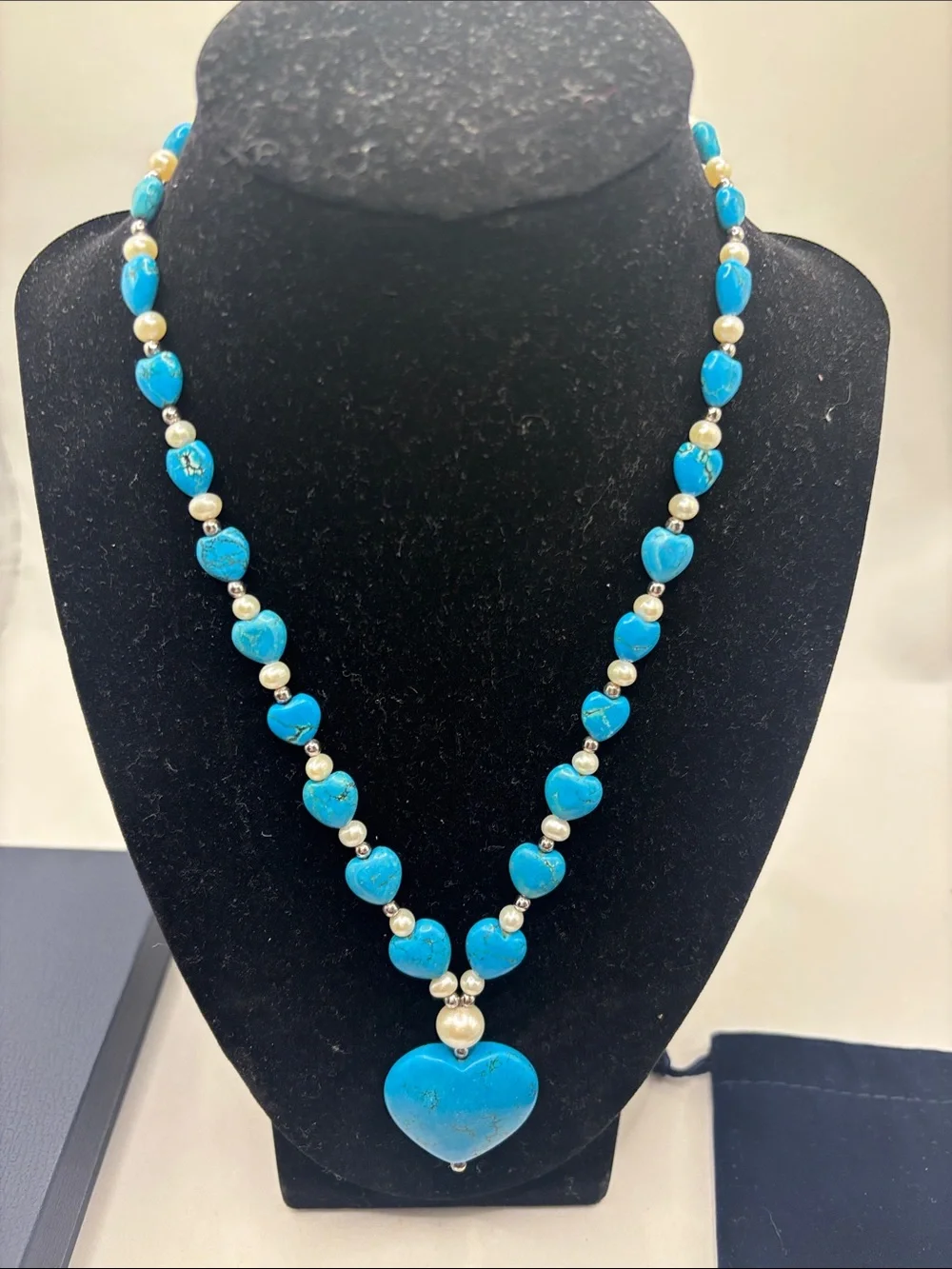 Danbury Mint set heart-shaped turquoise pendant bracelet earrings beaded pearl - Picture 3 of 12